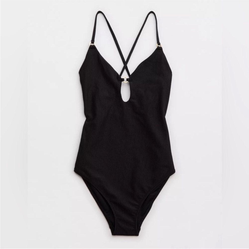 Aerie Shine Rib Full Coverage Black One Piece Swimsuit Women’s Size M NWT - Picture 3 of 16
